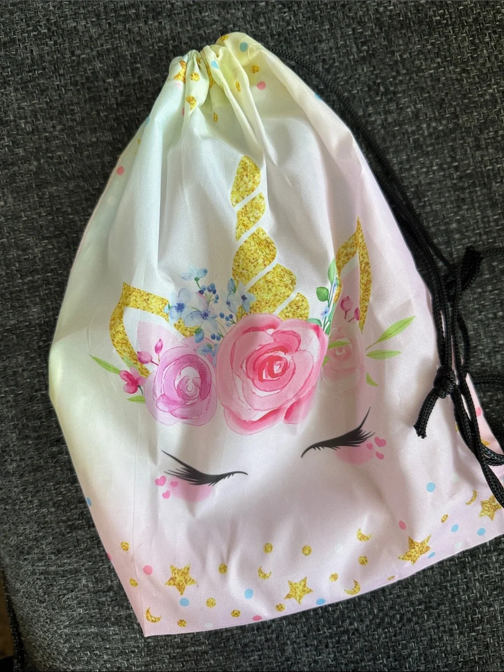 Girls Unicorn Drawstring Bag - Pink Floral with Gold Accent